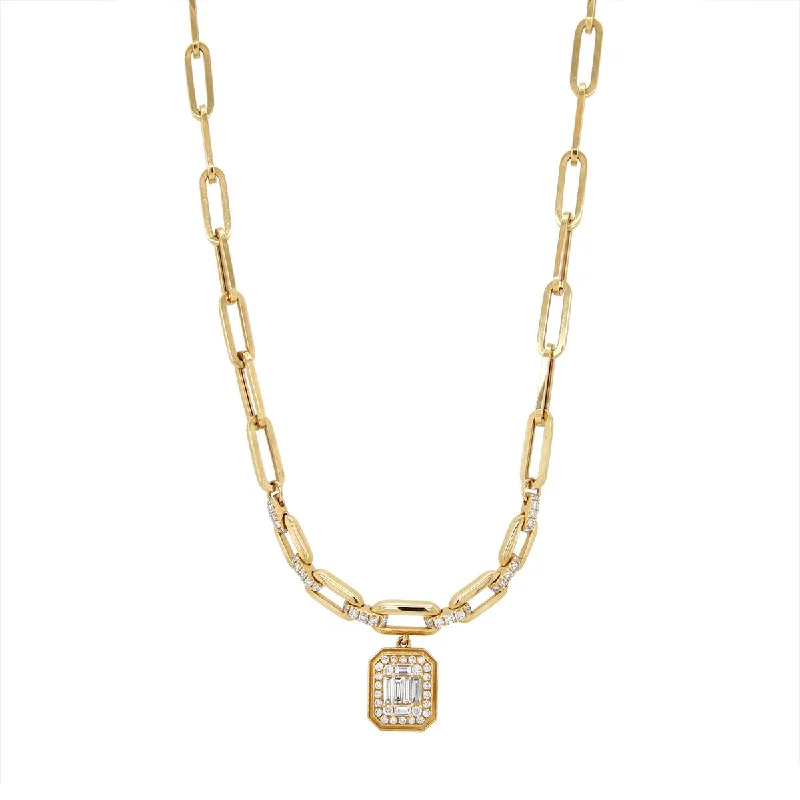 women's antique necklaces-YELLOW GOLD NECKLACE WITH PAPERCLIP CHAIN AND DIAMOND CLUSTER PENDANT, .50 CT TW