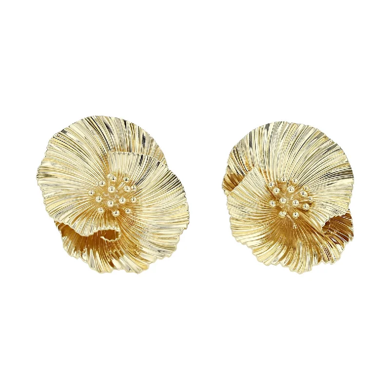 women's cubic zirconia stud earrings-14K Yellow Gold Folded Fan Shape Clip-on Earrings