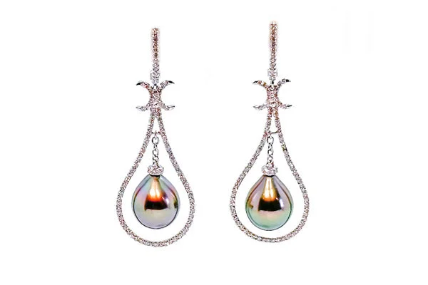 women's crystal earrings-Tahitian Cultured Pearl & Diamond Pendulum Earrings