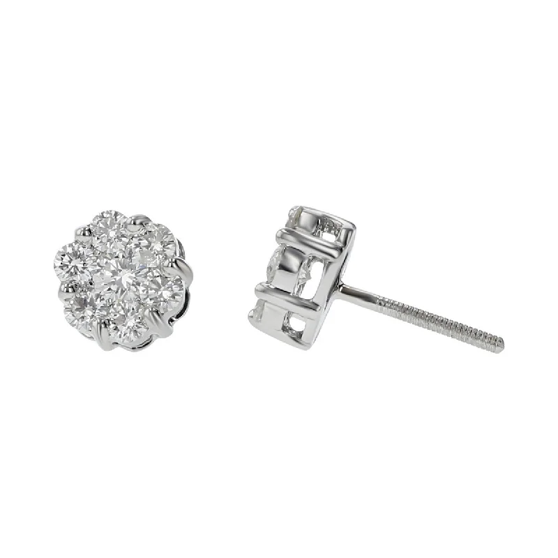 women's clip-on earrings-14K White Gold Diamond Cluster Stud Earrings with Screw Backs