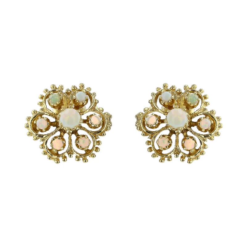 women's mixed metal earrings-14K Yellow Gold Cabochon Opal Sunburst Earrings