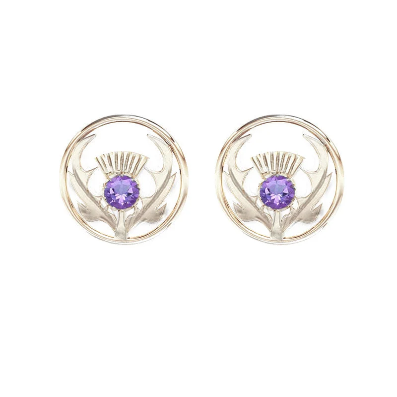 women's flower stud earrings-Round Scottish Thistle Stud Earrings in Silver with Amethyst