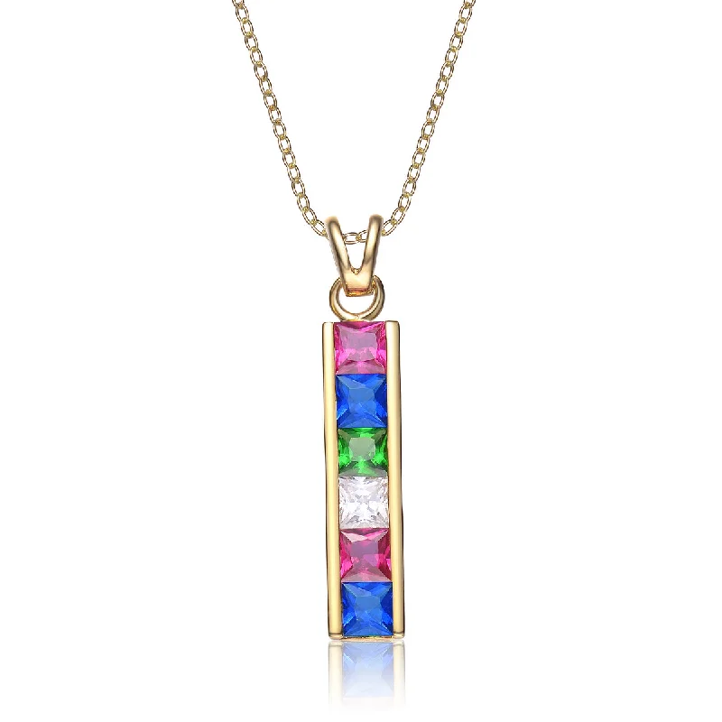 women's beautiful gold necklaces-Sterling Silver Cubic Zirconia Gold Plating Clear and Pink Blue White and Green Cubic Zirconia Dangling Pendant Necklace