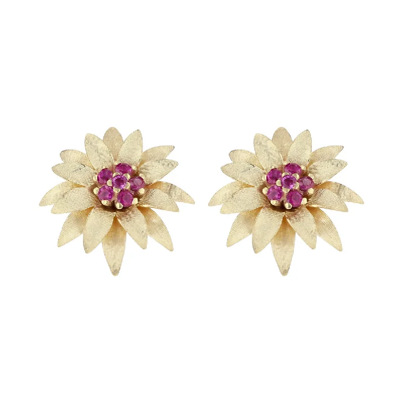 women's wedding earrings-14K Yellow Gold Ruby Flower Stud Earrings