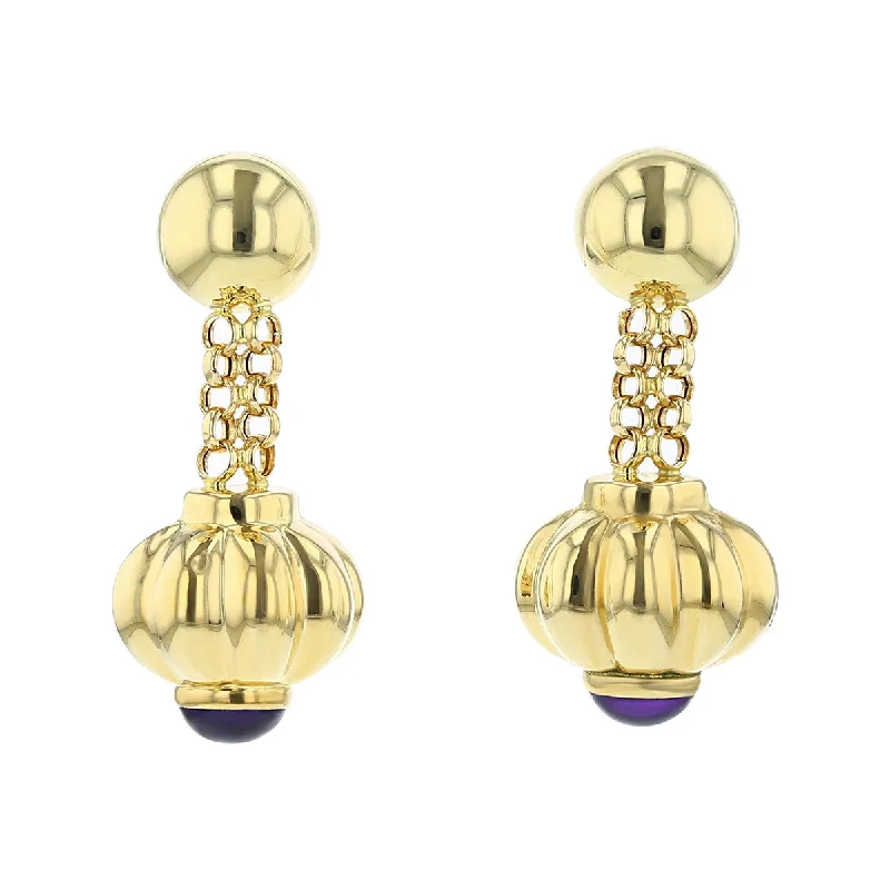 women's statement earrings-14K Yellow Gold Cabochon Amethyst Drop Earrings