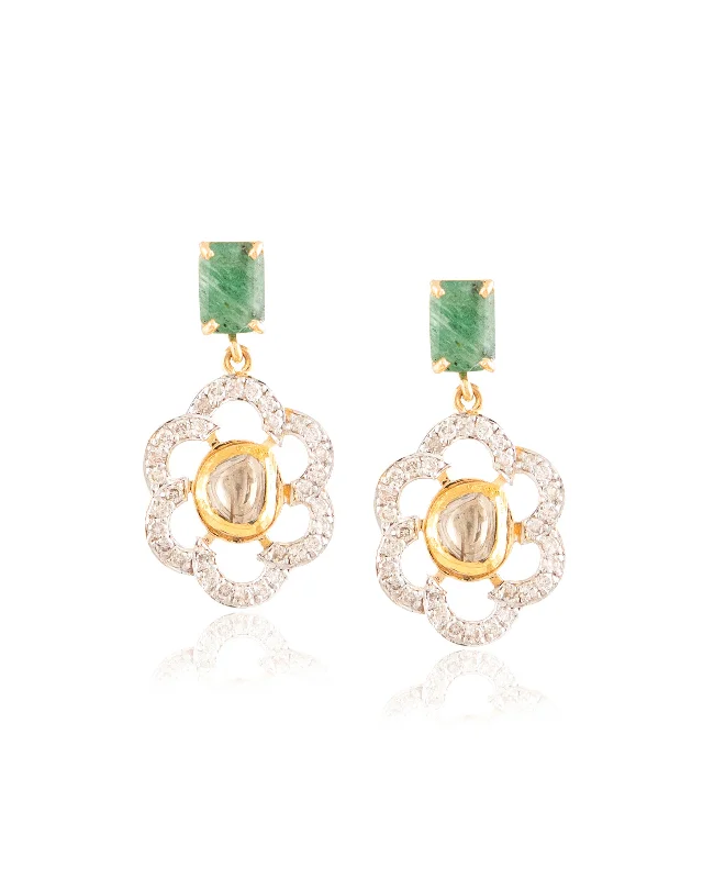 women's emerald earrings-Era Polki And Diamond Long Earrings