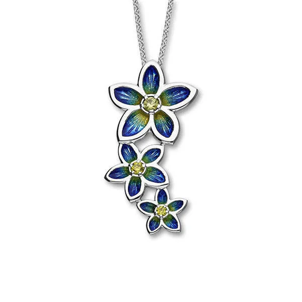 women's mixed metal earrings-Yellow Cubic Zirconia Triple Flower Blue Pendant In Silver