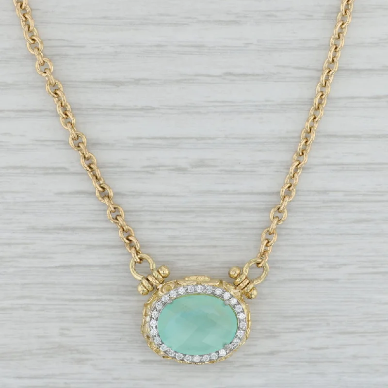 women's turquoise necklaces-Green Chalcedony Diamond Halo Statement Necklace 18k Yellow Gold 16"