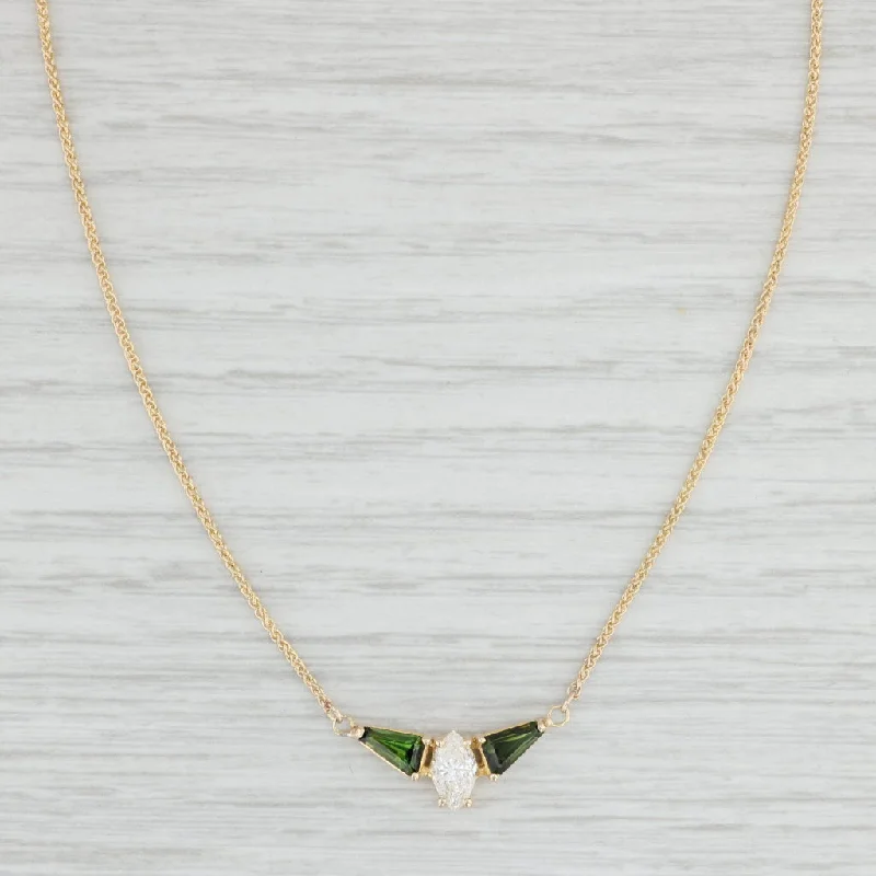 women's vintage-inspired necklaces-0.92ctw Green Tourmaline Diamond Necklace 14k Yellow Gold 17" Wheat Chain