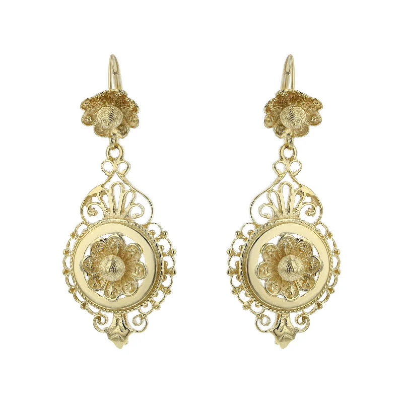 women's classic hoop earrings-14K Yellow Gold Flower Drop Earrings