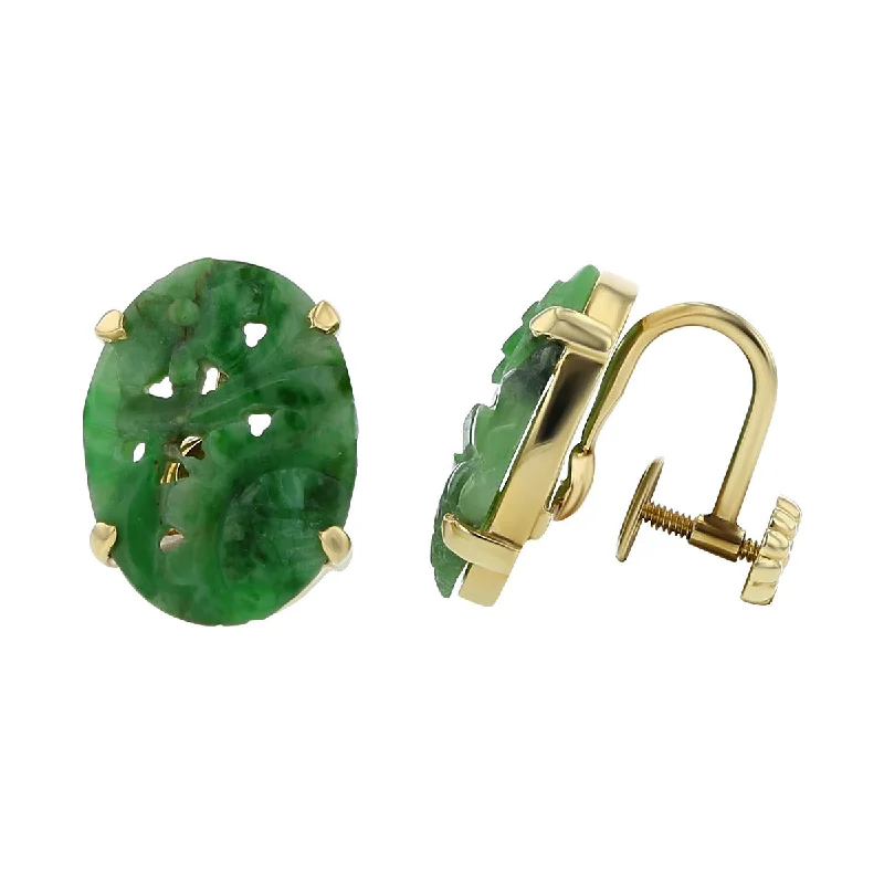 women's diamond stud earrings-14K Yellow Gold Carved Jade Earrings with Screwbacks