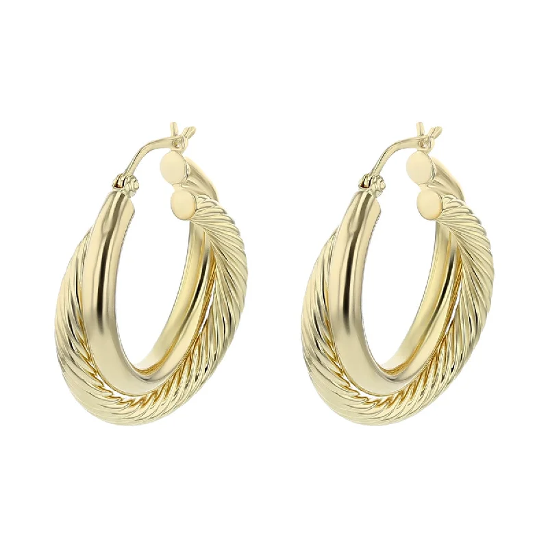 women's hoop earrings with crystals-14K Gold Twisted Design Double Hoop Earrings