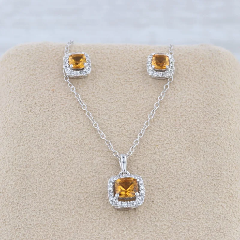 women's large pendants necklaces-1.14ctw Orange Citrine Diamond Halo Earrings Necklace Set Sterling Silver 18"