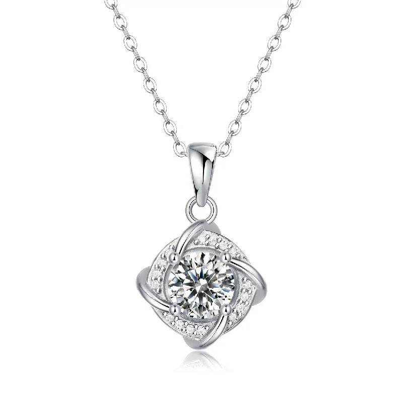 women's contemporary necklaces-Sterling Silver 1ct Lab-Grown Moissanite Solitaire Pave Anniversary Love Knot Necklace