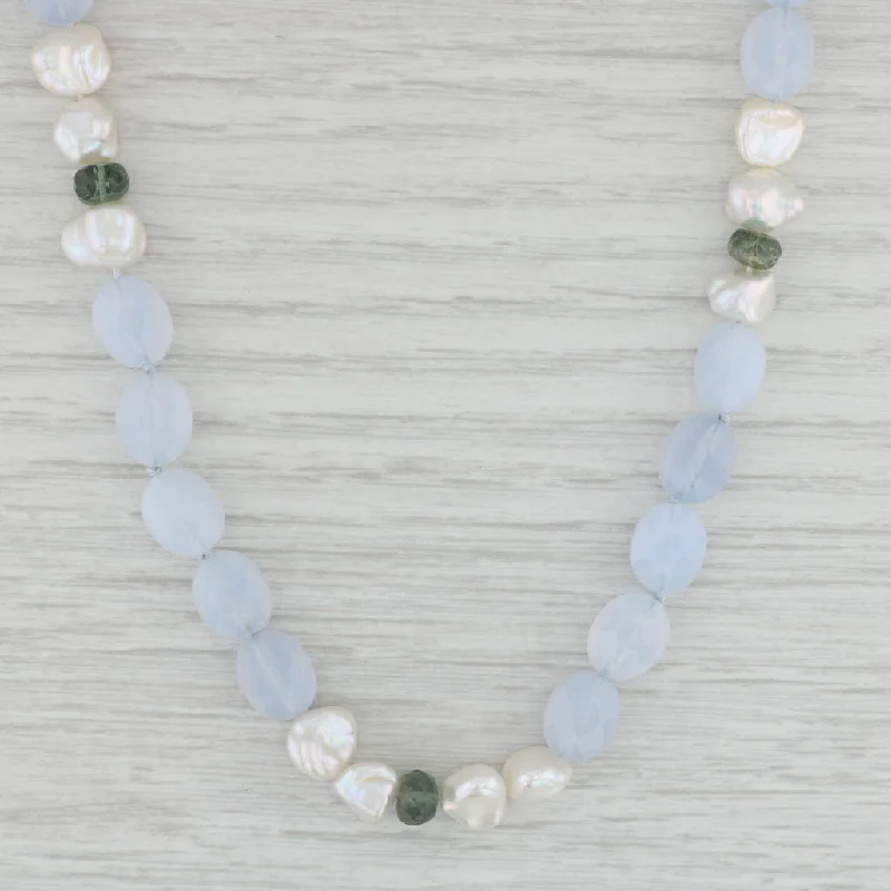 women's bar necklaces-Chalcedony Tourmaline Sapphire Pearl Bead Necklace 18k Gold 32" Long Strand