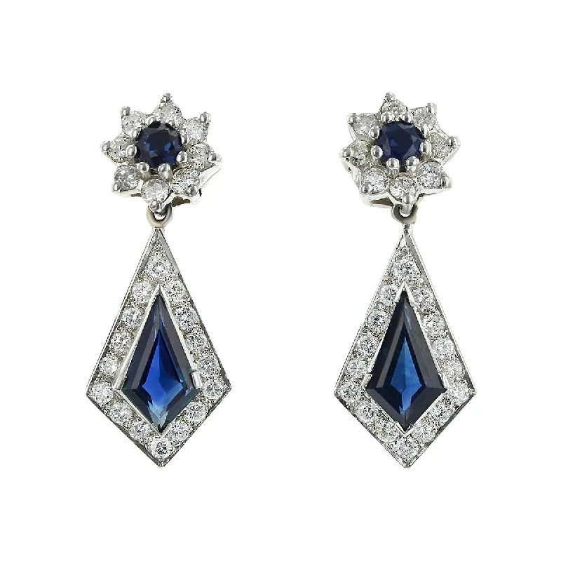 women's custom earrings-14K White Gold Sapphire and Diamond Drop Earrings