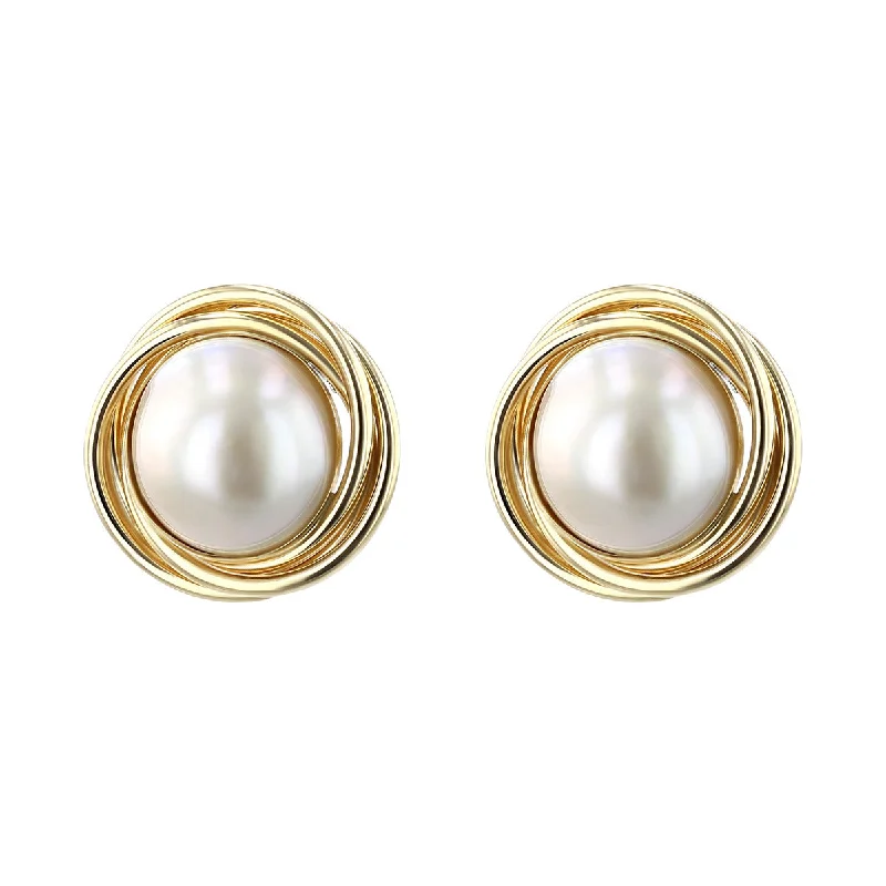 women's oval earrings-14K Yellow Gold Mabe Pearl Love Knot Earrings