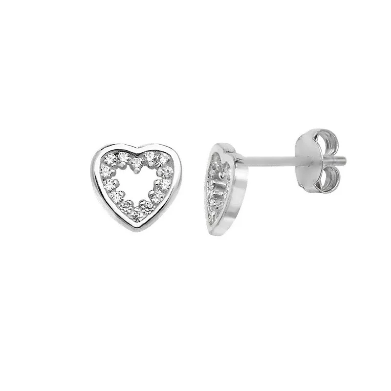 women's unique earrings-Sterling Silver open heart studs with CZ's