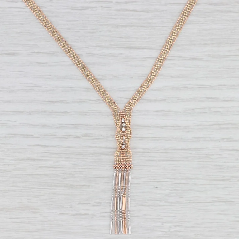 women's stackable necklaces-Tri-toned Bead Fringe Lavalier Necklace 14k Yellow Rose White Gold 17"