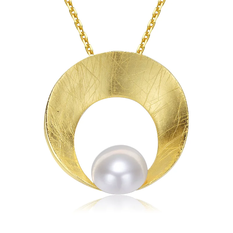 women's symbolic necklaces-Sterling Silver Gold Plated with Genuine Freshwater Pearl Round Pendant Necklace