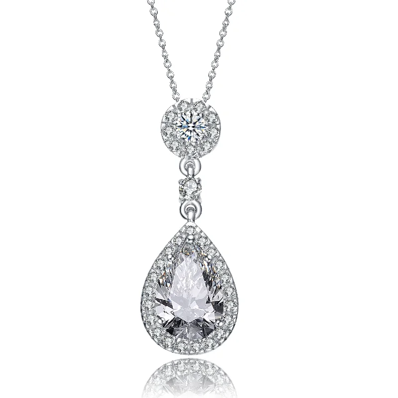 women's art deco necklaces-Sterling Silver with Cubic Zirconia Vintage Cluster Teardrop Pendant Necklace