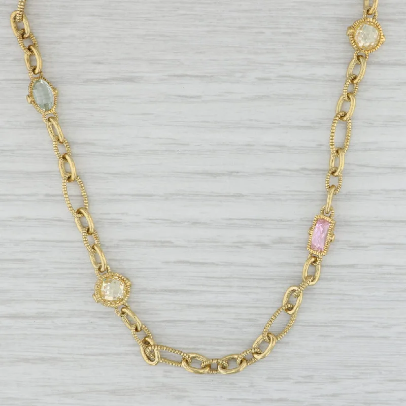 women's layered gold necklaces-Judith Ripka Gemstone Station Necklace 18k Yellow Gold Cable Chain 16.5"