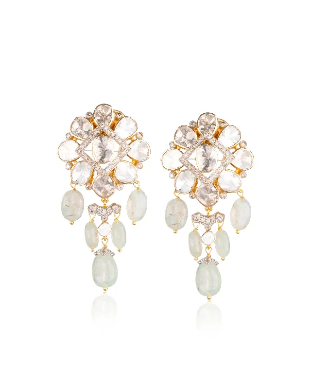 women's gemstone earrings-Deetya Polki And Diamond Long Earrings