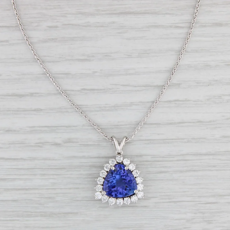 women's luxury gemstone necklaces-New 5.75ctw Trillion Tanzanite Diamond Halo Pendant Necklace 950 Platinum 17.5"