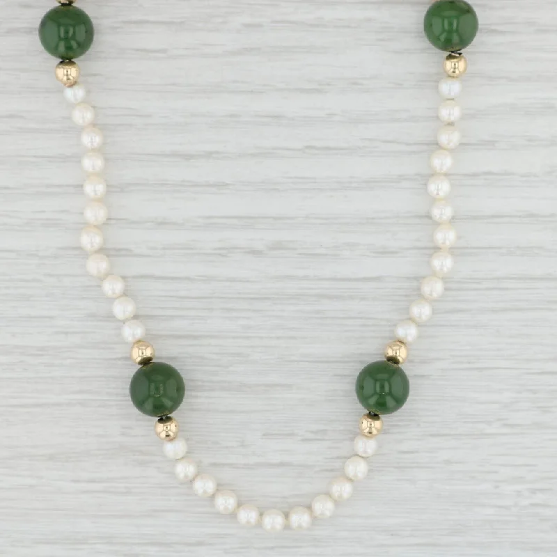 women's colorful gemstone necklaces-Green Nephrite Jade Cultured Pearl Bead Strand Necklace 14k Yellow Gold 26"