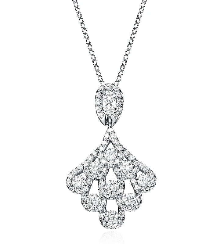 women's sterling silver necklaces-Sterling Silver White Gold Plated with Clear Cubic Zirconia Chandelier Like Pendant Necklace