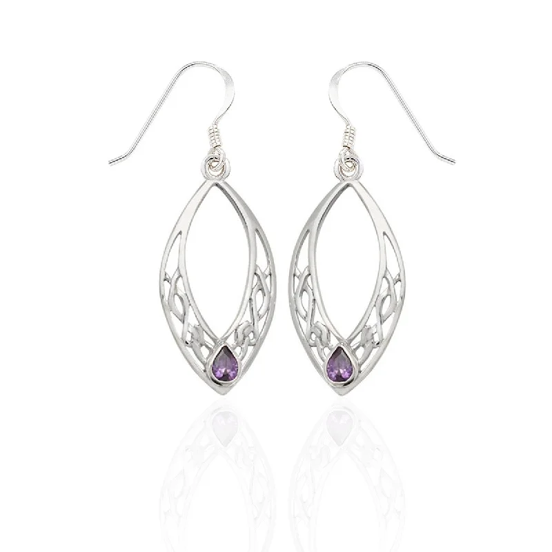 women's hoop earrings with crystals-Sterling Silver Celtic Marques Drop Earrings with Amethyst