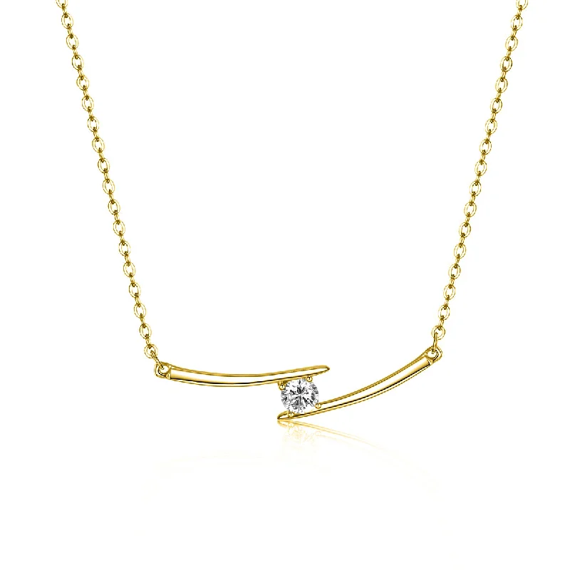 women's fashion necklaces-Sterling Silver 14K Gold Plated with Cubic Zirconia Solitaire Double Bar Pendant Necklace