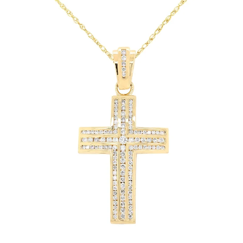 women's elegant necklaces-YELLOW GOLD CROSS NECKLACE WITH 3 ROWS OF DIAMONDS, 1.00 CT TW