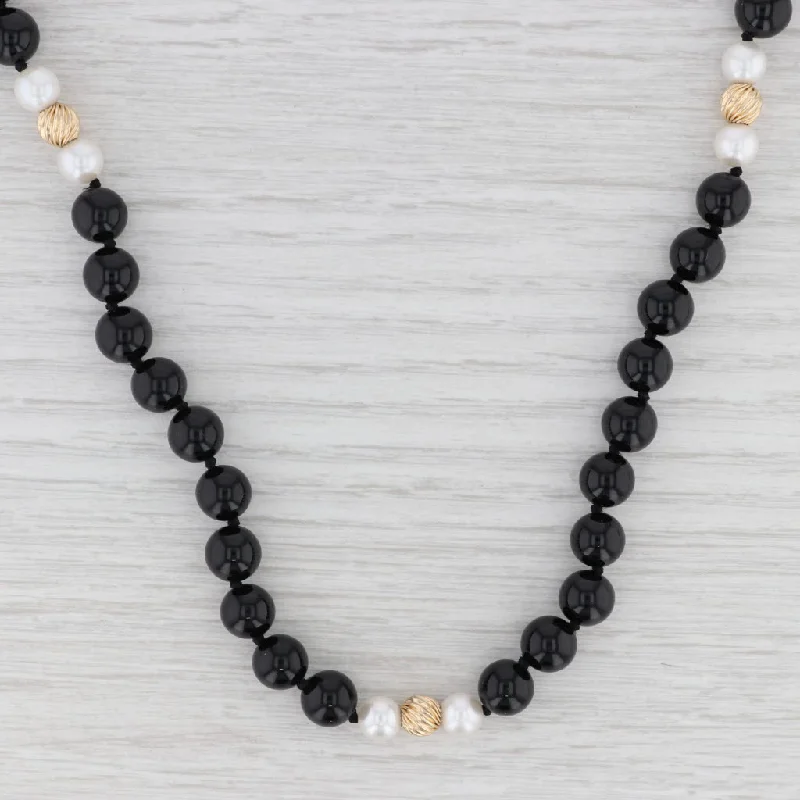 women's luxury necklaces-New Cultured Pearl Onyx Bead Necklace 14k Gold 30.5" Strand Long Statement