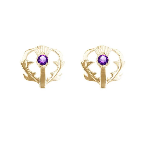 women's turquoise earrings-SCOTTISH THISTLE STUD EARRINGS WITH AMETHYST IN YELLOW GOLD