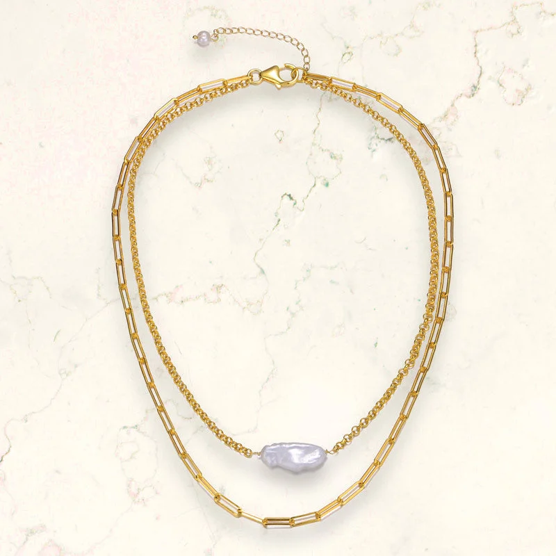 women's high-end necklaces-Sable Pearl Golden Layered Link Necklace