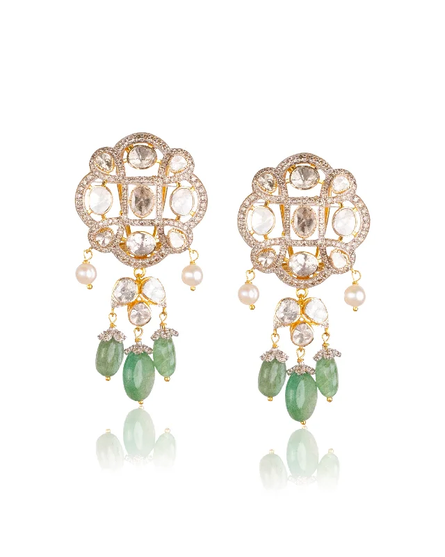 women's emerald earrings-Aaira Polki And Diamond Long Earrings