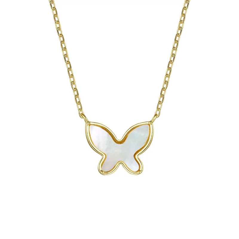 women's silver necklaces-14k Gold Plated Sterling Silver with Mother of Pearl Butterfly Pendant Layering Necklace