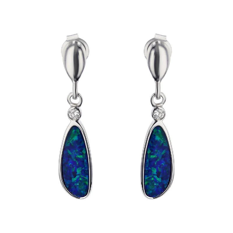 women's colorful earrings-14K White Gold Opal and Diamond Drop Earrings