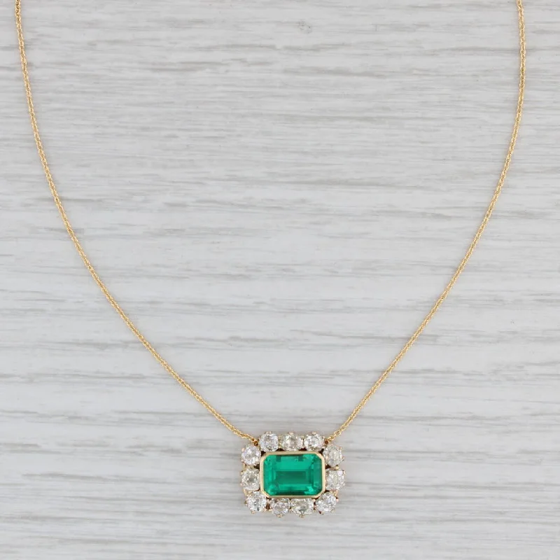 women's halo necklaces-4.25ctw Antique GIA F1 Emerald Mine Diamond Halo Pendant Necklace 18k Gold 17.5"