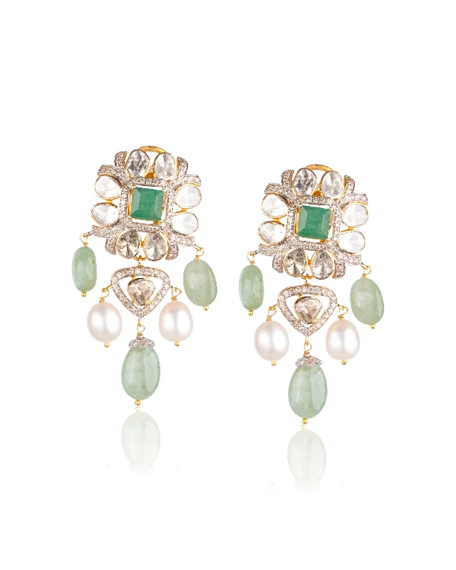 women's oval earrings-Limsha Polki And Diamond Long Earrings