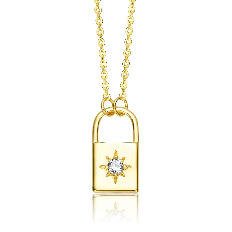 women's trendy necklaces-Sterling Silver 14k Yellow Gold Plated with 0.60ctw Lab Created Moissanite Padlock Pendant Necklace