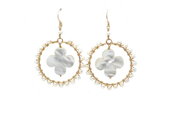 women's charm earrings-Freshwater Cultured Pearl & Mother of Pearl Quatrefoil Hoops