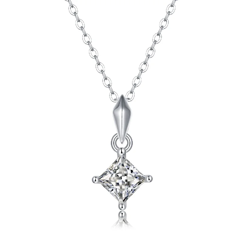 women's layered necklaces-Sterling Silver with 1ctw Lab Created Moissanite Princess Solitaire Pendant Necklace