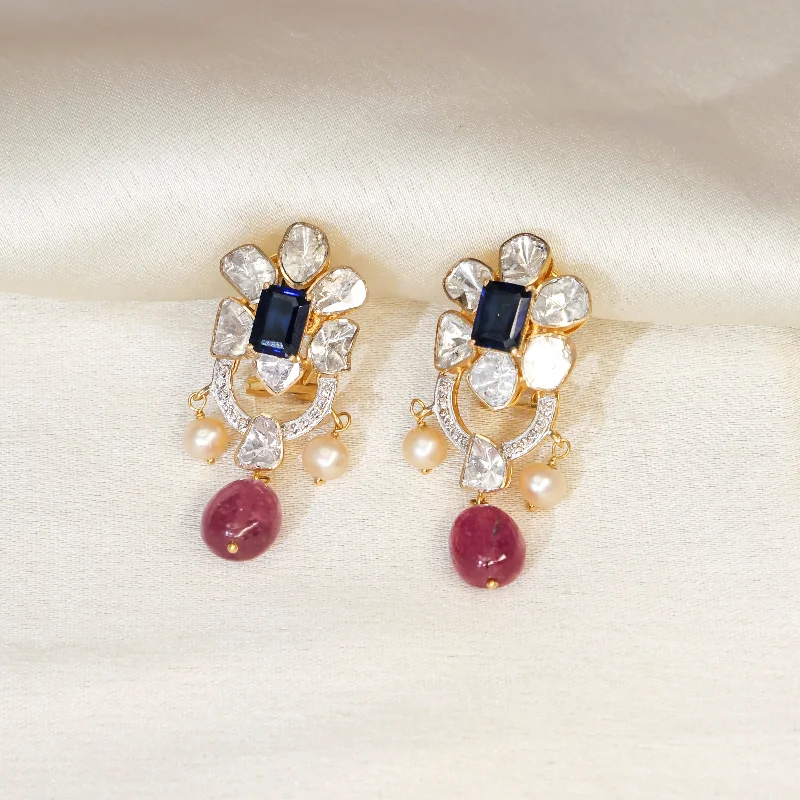 women's clip-on earrings-Maila Polki And Diamond Long Earrings