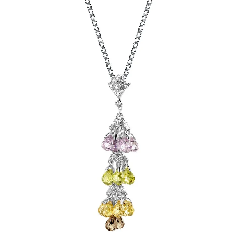 women's bohemian necklaces-Sterling Silver Cubic Zirconia Gold Plating Clear and Yellow Light Pink and Burnt Amber Cubic Zirconia Dangling Pendant Necklace