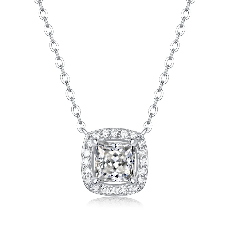 women's chic necklaces-Sterling Silver 1ct Princess Lab-Grown Moissanite Cushion Halo Necklace