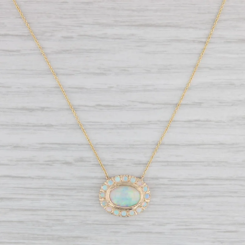 women's chic silver necklaces-Vintage Opal Halo Pendant Necklace 14k Yellow Gold 18.25" Cable Chain