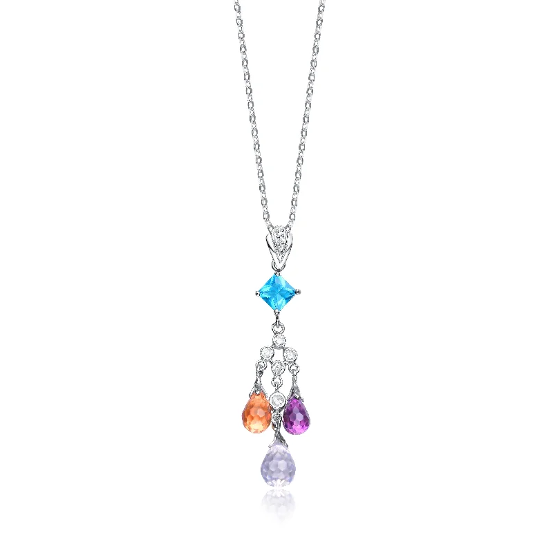 women's engraved name necklaces-Sterling Silver Cubic Zirconia and Blue Orange and Purple Cubic Zirconia Dangling Pendant Necklace