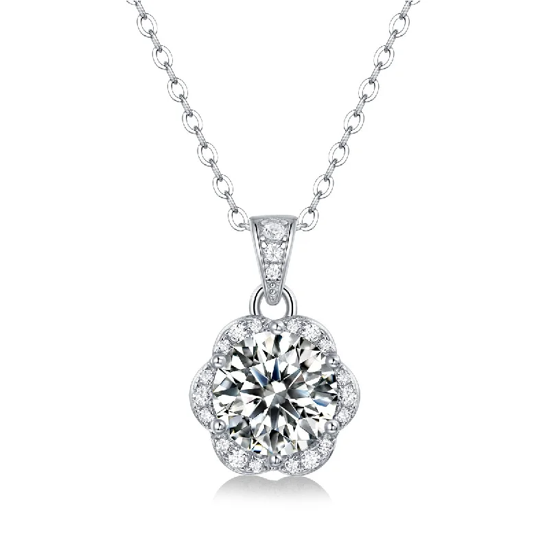 women's sapphire necklaces-Sterling Silver with 2ctw Lab Created Moissanite Cluster Lace Halo Flower Pendant Necklace